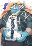absurd_res anthro belly blue_body body_hair chest_hair dragon facial_hair hair hi_res horn kemo_kemo56 lifewonders male mature_male necktie overweight qinglong solo tokyo_afterschool_summoners white_hair yellow_eyes