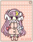  animal_ears bangs blunt_bangs blush_stickers boots bow bunny_earmuffs bunny_ears chibi crescent crescent_hair_ornament hair_bow hair_ornament jacket long_hair patchouli_knowledge pink_footwear pink_jacket purple_eyes purple_hair scarf scarf_over_mouth shiromomo solo touhou very_long_hair 