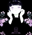  1girl black_background black_hair blending closed_mouth colored_skin crescent facial_mark flower hands_up highres holding_own_hair leaf long_sleeves original purple_eyes purple_flower purple_rose rose simple_background skna_i solo star_(symbol) upper_body white_skin window 