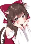  1girl animal_ear_fluff animal_ears bare_shoulders blush bow brown_eyes brown_hair cat_ears cat_tail closed_mouth detached_sleeves hair_between_eyes hair_bow hair_tubes hakurei_reimu highres japanese_clothes long_hair nontraditional_miko red_bow ribbon-trimmed_sleeves ribbon_trim shinonome_asu sidelocks simple_background solo tail touhou upper_body white_background white_sleeves wide_sleeves 