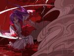  1girl ambiguous_red_liquid bandages commentary fighting_stance floating_hair hair_over_one_eye hakama hakama_pants highres japanese_clothes kaigen_1025 kataginu kimono long_hair meira_(touhou) pants ponytail purple_eyes purple_hair rain red_sky ripples sky solo swinging sword touhou touhou_(pc-98) weapon 