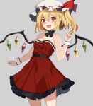  1girl absurdres bare_shoulders bat_wings blonde_hair breasts crystal dress flandre_scarlet hat hat_ribbon highres mob_cap multicolored_wings neck_ribbon ody_kishi open_mouth red_dress red_eyes red_skirt ribbon side_ponytail skirt smile touhou wings 