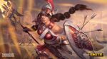  1girl absurdres armor artist_name athena_(smite) athena_(smite)_(high_counselor) brown_hair copyright_name green_eyes helmet highres holding holding_polearm holding_shield holding_weapon logo long_hair official_alternate_costume outdoors polearm ponytail scar_on_shoulder shield silvia_meiliani smite solo_focus weapon 