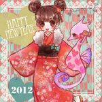  2012 bad_id bad_pixiv_id blush brown_eyes brown_hair double_bun ecomimi floral_print fur_trim heart japanese_clothes kimono new_year open_mouth original seahorse yagasuri 