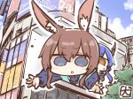  2girls akanotanin13 amiya_(arknights) animal_ear_fluff animal_ears arknights billboard blue_eyes blue_hair brown_hair ch&#039;en_(arknights) commentary dragon_girl dragon_horns horns long_sleeves multiple_girls open_mouth orange_eyes rabbit_ears rabbit_girl shinjuku_(tokyo) shinjuku_cat 