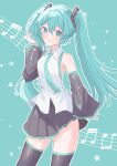  1girl absurdres aqua_background aqua_eyes aqua_hair aqua_necktie bare_shoulders beamed_eighth_notes beamed_sixteenth_notes black_sleeves collared_shirt contrapposto cowboy_shot detached_sleeves floating_clothes frilled_shirt frills hair_ornament hand_in_own_hair hatsune_miku highres long_hair looking_at_viewer mokoinu_(pixiv_27216243) musical_note musical_note_background necktie outline pleated_skirt shirt skindentation skirt sleeveless sleeveless_shirt smile solo star_(symbol) thighhighs twintails untucked_shirt very_long_hair vocaloid white_outline white_shirt wide_sleeves wind wind_lift 