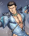  1boy bara between_pectorals bi-han brown_hair cheekbones dress fighting_stance hair_slicked_back highres large_pectorals looking_ahead male_focus mature_male mortal_kombat_(series) mortal_kombat_1_(2023) muscular muscular_male outstretched_arms pectoral_cleavage pectorals short_hair sideburns sideburns_stubble solo spread_arms sub-zero tazahan 