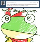 annoyed anthro ask_blog bandanna border english_text green_text kerchief male nintendo red_bandanna red_kerchief simple_background slippy_o&#039;donnell slippy_toad solo star_fox text tumblr white_background white_border yellow_jacket