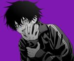  1boy absurdres blush crying crying_with_eyes_open greyscale hair_between_eyes highres imai_akira jacket long_sleeves male_focus monochrome original purple_background runny_nose saliva simple_background snot solo sweat tears tongue tongue_out track_jacket upper_body 
