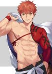  1boy abs armpit_crease bara cape collarbone emiya_shirou fate/grand_order fate_(series) grin groin hair_between_eyes highres holding holding_cape holding_clothes igote japanese_clothes large_pectorals male_focus muscular muscular_male nipples orange_hair pectorals senji_muramasa_(fate) seum_(kao_husband) short_hair simple_background smile solo wristband yellow_eyes 