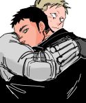  2boys aikawa_(dorohedoro) bara black_hair blonde_hair colored_tips couple dorohedoro expressionless facial_mark from_side head_on_another&#039;s_shoulder head_rest hug looking_at_viewer male_focus medium_sideburns multicolored_hair multiple_boys mutual_hug no_eyebrows risu_(dorohedoro) sasaki_(ssk_p3) sweatdrop thick_eyebrows unfinished upper_body yaoi 