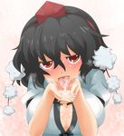  black_hair blush breasts cleavage cum cum_in_hands cum_in_mouth cum_on_tongue cum_pool cumdrip cupping_hands hat highres large_breasts loggy looking_at_viewer open_mouth red_eyes shameimaru_aya smile solo sweatdrop tears tokin_hat tongue touhou 