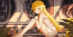  1girl absurdres barefoot blonde_hair dress fangfangtu highres legs looking_at_viewer monogatari_(series) oshino_shinobu sleeveless sleeveless_dress thighs white_dress yellow_eyes 