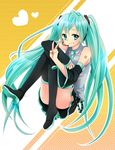  aqua_eyes aqua_hair bad_id bad_pixiv_id boots detached_sleeves grin hatsune_miku headset highres kuune_rin long_hair necktie skirt smile solo thigh_boots thighhighs twintails v very_long_hair vocaloid 