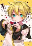  1boy aqua_eyes artist_name bishounen black_sailor_collar black_sleeves blonde_hair blush chai_(7_go_3) detached_sleeves hair_between_eyes heart heart_hands highres kagamine_len looking_at_viewer necktie pout sailor_collar shirt short_hair short_ponytail solo speech_bubble star_(symbol) tears twitter_username vocaloid white_background white_shirt yellow_background yellow_necktie 