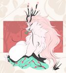 anthro antlers asian_clothing bedroom_eyes big_breasts black_sclera breasts cheek_tuft cherry_blossom chest_tuft chin_tuft clothing dragon dullvivid east_asian_clothing eastern_dragon facial_tuft fangs female forked_tongue fur hair half-closed_eyes hi_res horn huge_breasts inviting japanese_clothing kimono long_hair narrowed_eyes neck_tuft open_mouth open_smile pink_hair plant seductive side_boob smile smirk smug smug_face solo teeth tongue tuft undressing whiskers white_body white_fur