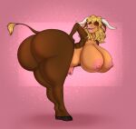 2021 absurd_res anthro bent_over big_breasts big_butt biped blonde_hair bovid bovine breasts butt cattle eyes_closed female hair hazel_(darkbane115) hi_res hooves horn huge_breasts huge_butt looking_back mammal nude pepperpkmon88 pink_background simple_background smile solo teats udders white_horn
