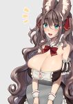  1girl absurdres animal aqua_eyes blush breasts brown_hair cleavage demon_horns dress fox_girl grey_background hair_intakes highres horns huge_breasts large_breasts long_hair mofucino open_mouth original out_of_frame simple_background solo very_long_hair wavy_hair 