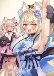  2girls absurdres animal_ear_fluff animal_ears animal_hands arm_behind_head armpits arms_up black_collar blonde_hair blue_eyes blue_hair blue_kimono blush breasts collar dog_ears dog_girl dog_paws fang floral_print_kimono flower fuwawa_abyssgard fuwawa_abyssgard_(new_year) hair_flower hair_ornament highres hololive hololive_english japanese_clothes kimono large_breasts long_hair looking_at_viewer mococo_abyssgard mococo_abyssgard_(new_year) multicolored_hair multiple_girls niceonion official_alternate_costume open_mouth pink_eyes pink_hair pink_kimono ponytail short_hair siblings sideboob sisters skin_fang sleeveless sleeveless_kimono smile spiked_collar spikes streaked_hair twins twintails virtual_youtuber 