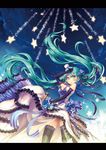  aqua_eyes aqua_hair arm_up breasts cleavage dress earrings elbow_gloves flower futsuka_(dzone) gloves hair_flower hair_ornament hat hatsune_miku highres jewelry letterboxed long_hair medium_breasts microphone microphone_stand mini_hat mini_top_hat necklace night night_sky sky solo star star_(sky) starry_sky thighhighs top_hat twintails very_long_hair vocaloid 