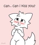 anthro artist_name blush boy_kisser_(meme) digital_media_(artwork) domestic_cat embarrassed english_text felid feline felis fluffy fluffy_tail fur male mammal marw nude pink_background romantic shy silly_cat_(mauzymice) simple_background smile solo tail text tuft white_body white_fur