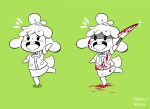 absurd_res animal_crossing anthro biped blood blood_on_clothing blood_on_face blood_on_knife bodily_fluids canid canine canis cc-by-nc-nd clothed clothing creative_commons domestic_dog female green_background hair hi_res holding_knife holding_object isabelle_(animal_crossing) knife mammal nintendo open_mouth open_smile princessmisery simple_background smile solo tail
