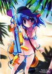  absurdres bare_shoulders beach bikini blue_eyes blue_hair blush bracelet collarbone groin hair_bobbles hair_ornament happy_birthday_(artist) hat highres huge_filesize jewelry kawashiro_nitori key maruchan. navel necklace ocean outdoors pendant scan shadow short_hair smile solo standing swimsuit touhou toy two_side_up water water_gun 