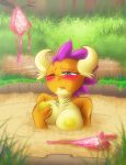 anthro blush boastudio bra breasts clothing discarded_clothing dragon eyelashes female friendship_is_magic hasbro hi_res holding_breast masturbation my_little_pony one_eye_closed orange_body panties partially_submerged quicksand scalie smolder_(mlp) solo underwear