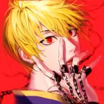  1boy alternate_hair_length alternate_hairstyle blonde_hair chain closed_mouth eyelashes from_side gi_um hand_on_own_face hand_up hashtag_only_commentary highres hunter_x_hunter jewelry kurapika lips looking_at_viewer looking_to_the_side male_focus multiple_rings portrait red_background red_eyes red_lips ring short_hair simple_background weapon 