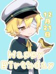  1boy animal bandage_over_one_eye bandages bird bishounen blonde_hair blue_background blue_capelet blue_jacket capelet dated happy_birthday hat holding holding_animal jacket james_(vocaloid) looking_at_animal oliver_(vocaloid) outline sailor_hat shirt simple_background smile solo urin_(coconuts3252) vocaloid white_outline white_shirt yellow_eyes 