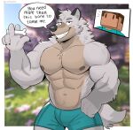 2024 abs anthro anthro_focus anthrofied barazoku biceps big_muscles blurred_background bone border canid canine canis claws clothed clothing cutaway dialogue duo emanata english_text eyebrows fur hi_res holding_object human human_on_anthro interspecies looking_at_viewer male male/male mammal microsoft minecraft mojang muscular muscular_anthro muscular_male narrowed_eyes navel nipples outside pecs ruffusbleu serratus smile solo_focus standing steve_(minecraft) talking_to_viewer teeth text topless topless_anthro topless_male tuft underwear underwear_only white_border wolf wolf_(minecraft) xbox_game_studios