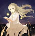  1girl blonde_hair blurry blurry_foreground cupping_hands dot_nose dress dusk glowing highres idolmaster idolmaster_shiny_colors long_hair mountainous_horizon night night_sky outdoors own_hands_together purple_eyes raichita shooting_star sidelocks sky solo standing star_(sky) star_(symbol) starry_sky wheat white_dress yukoku_kiriko 