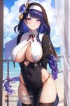  1girl absurdres ai-generated arms_behind_back beach bikini breast_curtains breasts closed_mouth genshin_impact head_tilt highres long_braid mole mole_under_eye non-web_source nun ocean pelvic_curtain purple_eyes purple_hair raiden_shogun sand smile solo standing swimsuit thighhighs thong thong_bikini traditional_nun window 