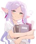  1girl :3 book closed_mouth dress earrings elf frieren from_below green_eyes grey_hair hair_over_shoulder highres holding holding_book holding_scroll jewelry long_hair looking_at_viewer parted_bangs picogames_off pointy_ears puff_of_air puffy_short_sleeves puffy_sleeves purple_hair scroll short_sleeves simple_background solo sousou_no_frieren twintails upper_body white_background white_dress 