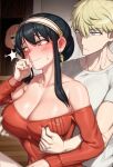  1boy 2girls absurdres anya&#039;s_heh_face_(meme) anya_(spy_x_family) bare_shoulders black_hair blonde_hair blush breasts cleavage earrings father_and_daughter geulimykun_(skbyunea413) hetero highres husband_and_wife implied_sex jewelry korean_commentary large_breasts long_sleeves meme mother_and_daughter multiple_girls nipple_tweak off-shoulder_sweater off_shoulder peeking_out pink_hair red_eyes red_sweater revision shirt sidelocks smile spy_x_family sweatdrop sweater trembling twilight_(spy_x_family) wavy_mouth white_shirt yor_briar 