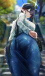  1girl absurdres alternate_costume ass black_bag black_hair blue_archive blue_eyes blue_halo blue_skirt blurry blurry_background blush breasts day from_behind halo highres large_breasts long_hair long_sleeves looking_at_viewer looking_back nicky_w outdoors parted_lips pointy_ears rin_(blue_archive) shirt skirt wet wet_clothes white_shirt 