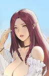  1girl alios_arvin blue_sky bracelet breasts camisole choker cleavage collarbone drill_hair drill_sidelocks highres jewelry large_breasts lips long_hair mole mole_under_eye original parted_lips pointy_ears purple_hair sidelocks signature sky solo upper_body white_camisole yellow_eyes 