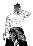  1boy abs bara blood_on_pectorals cowboy_shot dorohedoro from_below greyscale hammer highres l.r.silva large_pectorals looking_at_viewer male_focus mask_lift monochrome muscular muscular_male navel nipples pectorals shin_(dorohedoro) solo stitched_arm stitched_fingers stitches stomach topless_male 