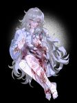  1boy angelica_(project_moon) argalia_(project_moon) bandaged_leg bandages blood blood_on_clothes blood_on_face blue_eyes character_doll gauze gauze_on_knee haloyxxxxxxx highres library_of_ruina long_hair looking_at_viewer male_focus open_mouth project_moon sitting smile solo very_long_hair white_hair 