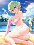  1girl absurdres ass bare_arms bare_legs bikini blue_sky breasts cloud copyright_name crocodile_hair_ornament day foot_out_of_frame green_hair highres humuyun incredibly_absurdres key_(company) looking_at_viewer medium_breasts nomura_miki official_art outdoors pool poolside short_hair sideboob sky solo summer_pockets swimsuit thigh_strap thighs underboob water_gun wet 