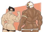  2boys arched_back ass bara bear_mask beowulf_(skullgirls) biceps brown_eyes cowboy_shot crossover dark-skinned_male dark_skin facial_hair flexing from_behind goatee half-erect highres huge_ass live_a_hero looking_at_another male_focus male_underwear male_underwear_pull mask mature_male multiple_boys muscular muscular_male nandarazzi notice_lines polaris_mask_(live_a_hero) size_difference smirk sparse_arm_hair underwear yaoi 