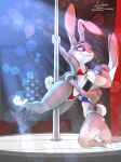absurd_res anthro breast_play breast_suck breasts canid canine clothed clothing dancing disney duo female female/female fox fur hi_res judy_hopps lagomorph leporid link6432 male male/female mammal nick_wilde orange_body orange_fur pole pole_dancing rabbit red_fox simple_background smile stripper stripper_pole sucking zootopia