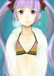  bad_id bad_pixiv_id bikini bikini_top breath collarbone flat_chest fur_coat fur_trim maruishi multicolored multicolored_stripes purple_eyes purple_hair solo sophie_(tales) striped striped_bikini swimsuit tales_of_(series) tales_of_graces twintails 