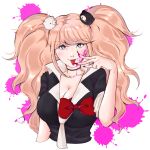  1girl bear_hair_ornament black_choker black_shirt blonde_hair blood blood_on_face blue_eyes bow breasts choker cleavage collarbone cropped_torso danganronpa:_trigger_happy_havoc danganronpa_(series) enoshima_junko hair_ornament kurosshe large_breasts nail_polish necktie pink_blood red_bow red_nails shirt short_sleeves simple_background smile solo tongue tongue_out twintails white_background white_necktie 