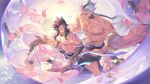  2boys abs absurdres bara barefoot black_hair chinese_commentary closed_eyes commentary_request dislyte extra_arms facial_hair goatee henrryxv highres li_ling_(nezha) looking_at_another male_focus multicolored_hair multiple_boys multiple_scars muscular muscular_male pectorals petals scar scar_on_shoulder scar_on_stomach topless_male yun_chuan_(yang_jian)_(dislyte) 