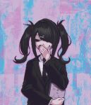  1girl ame-chan_(needy_girl_overdose) black_eyes black_hair black_jacket collared_shirt covered_mouth covering_own_mouth eencya formal hair_ornament hand_over_own_mouth hunter_x_hunter jacket long_sleeves looking_to_the_side necktie needy_girl_overdose official_art parody pixel_art second-party_source shirt solo standing suit twintails upper_body 