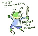 adventure_time amphibian anthro blue_bottomwear blue_clothing blue_pants blue_shirt blue_topwear bottomwear cartoon_network clothing dialogue finn_the_human footwear frog green_body green_skin green_text hat headgear headwear holding_object male melee_weapon nintendo pants shirt simple_background slippy_o&#039;donnell slippy_toad smile socks solo star_fox sword text topwear weapon white_background white_clothing white_footwear white_socks