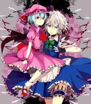  apron ascot bad_id bad_pixiv_id black_gloves blue_eyes blue_hair bow braid dress gloves hair_ribbon hat hat_ribbon izayoi_sakuya knife leg_ribbon maid maid_headdress multiple_girls pink_dress red_eyes remilia_scarlet ribbon sanae_(satansanae) shirt short_hair silver_hair slit_pupils smirk touhou twin_braids wrist_cuffs 