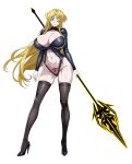  1girl aged_up black_thighhighs blonde_hair blue_eyes breasts energy_spear high_heels high_school_dxd highres holding holding_polearm holding_weapon large_breasts long_hair mittelt polearm slit_pupils smile stomach_tattoo tattoo thighhighs very_long_hair weapon yxyyxy 