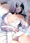  1girl areola_slip black_hair black_nails breasts closed_eyes highres hololive minxei multicolored_hair nail_polish open_clothes open_shirt panties purple_panties shiori_novella shirt sleeping solo underwear upper_body virtual_youtuber white_hair white_shirt 